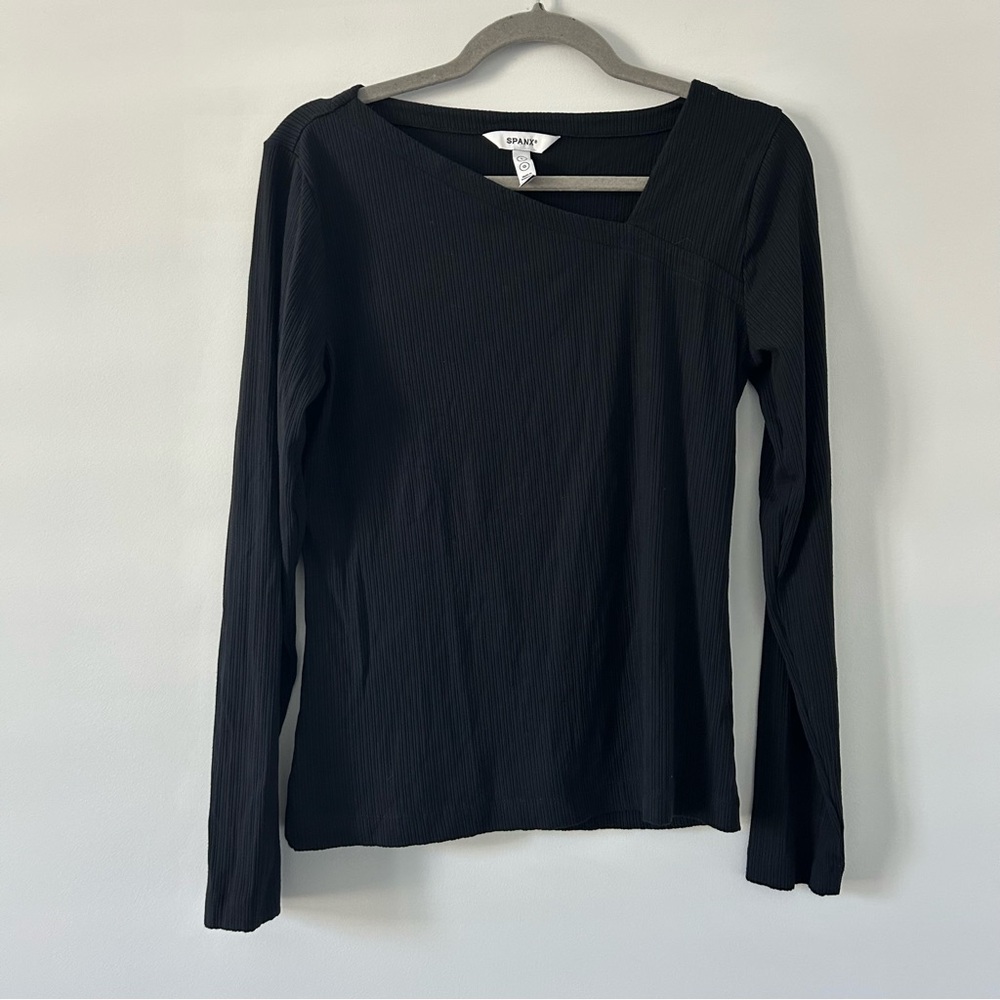 SPANX Black Asymmetrical Ribbed Long Sleeve Fitted Top L